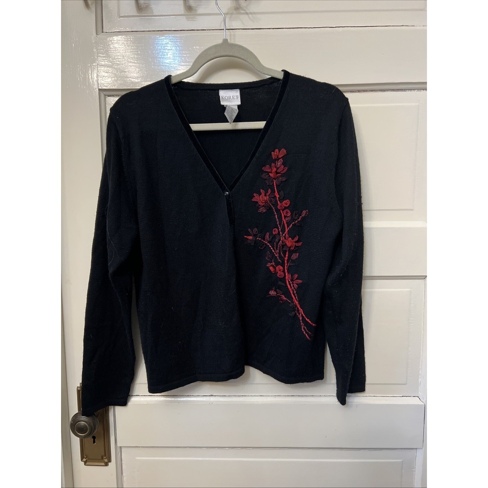 Vintage Koret Sweater Womens Medium Cardigan Black Red Floral Embroidered